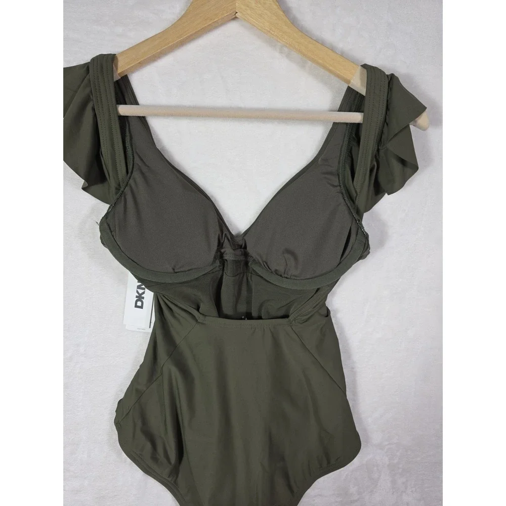 DKNY One Piece Swimsuit Women's Size S Olive Green Ruffle Tummy Control NWT $79 - Picture 6 of 10